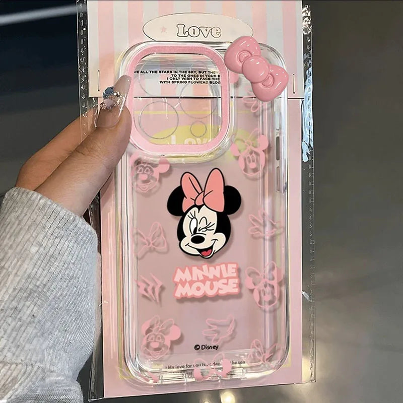 Disney Cute Minnie Pink Bow Phone Case For iPhone 16 15 14 13 12 11 Pro Max XR XS 7 8 Plus Y2K Kawaii Soft Silicone Clear Cover