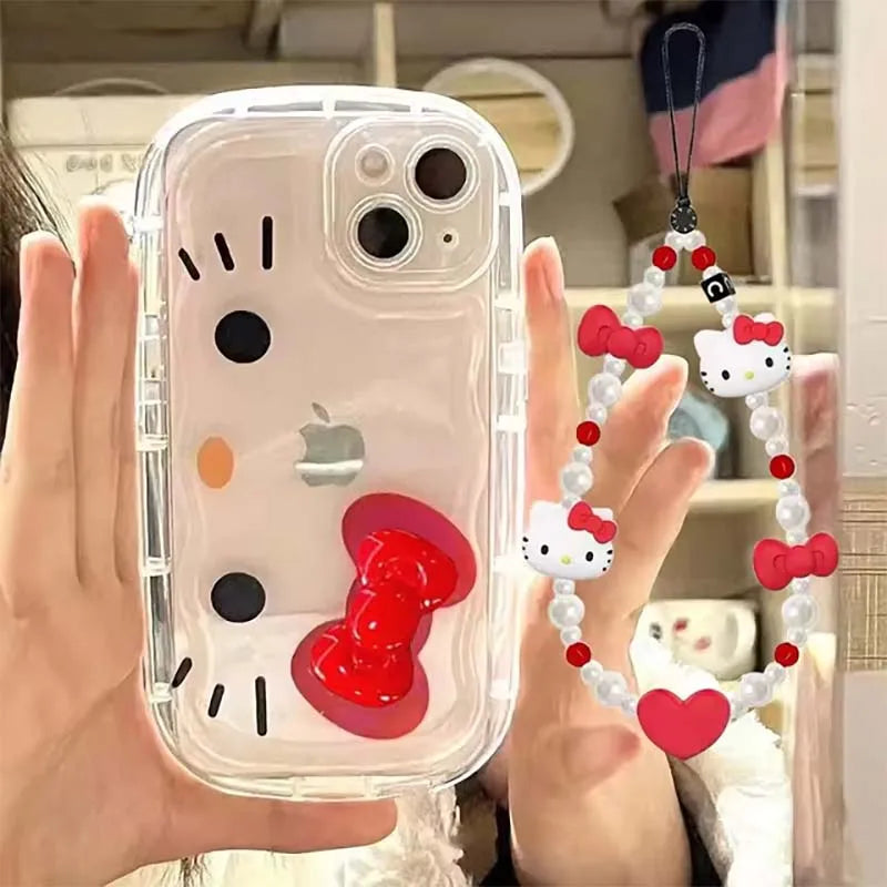 Hello Kitty Face Red Bow Strap Fat Phone Case For iPhone 16 14 12 13 11 15 Pro Max XR XS MAX 7 8Plus MINI Y2K Girl Kawaii Cover