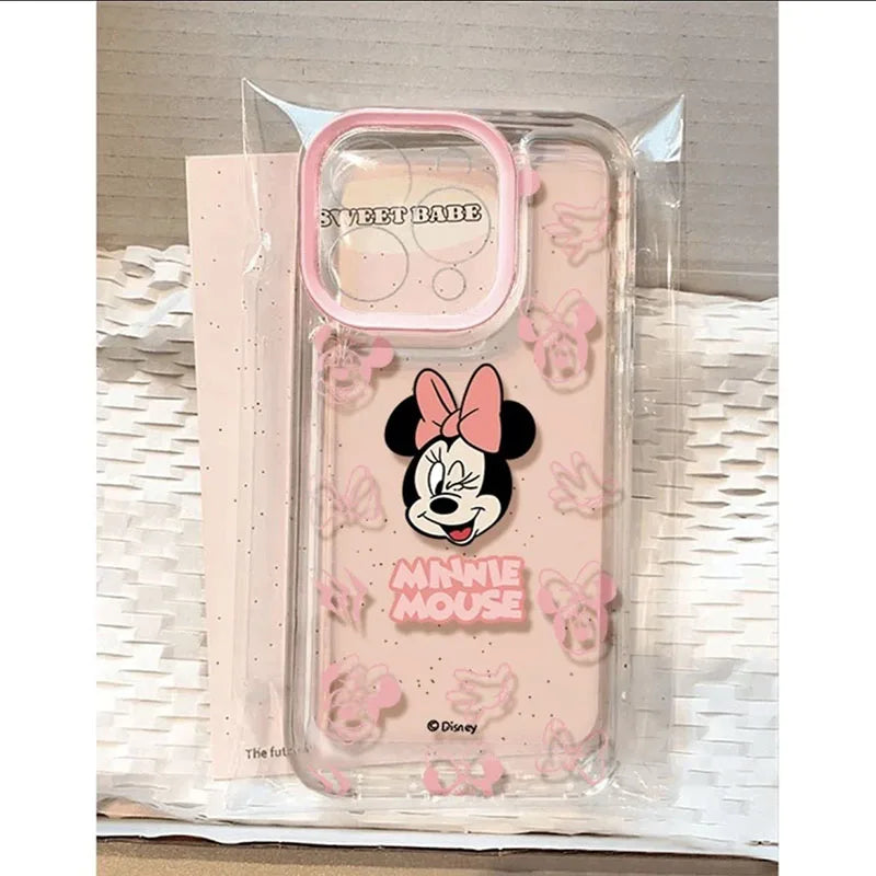 Disney Cute Minnie Pink Bow Phone Case For iPhone 16 15 14 13 12 11 Pro Max XR XS 7 8 Plus Y2K Kawaii Soft Silicone Clear Cover