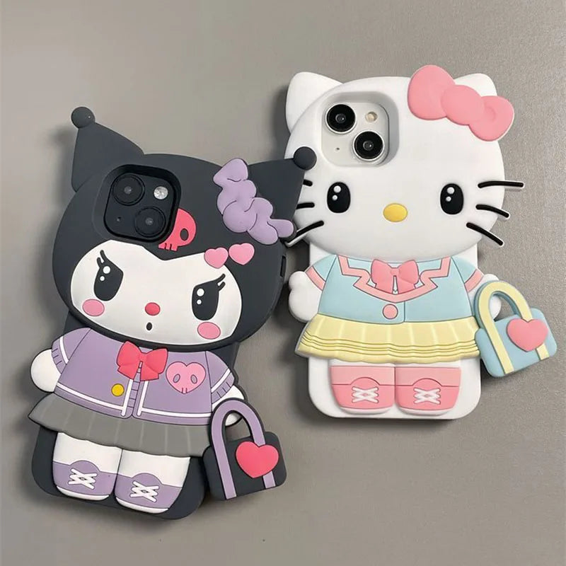 Stereoscopic Handbag Kuromi and Hello Kitty Phone Case For Iphone 15 14 13 11 12 Pro Max Plus X XR XS Y2K Cute Silicone Cover