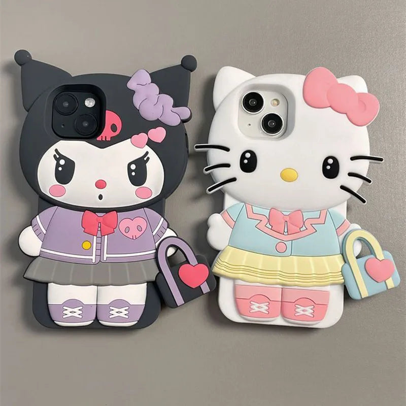 Stereoscopic Handbag Kuromi and Hello Kitty Phone Case For Iphone 15 14 13 11 12 Pro Max Plus X XR XS Y2K Cute Silicone Cover